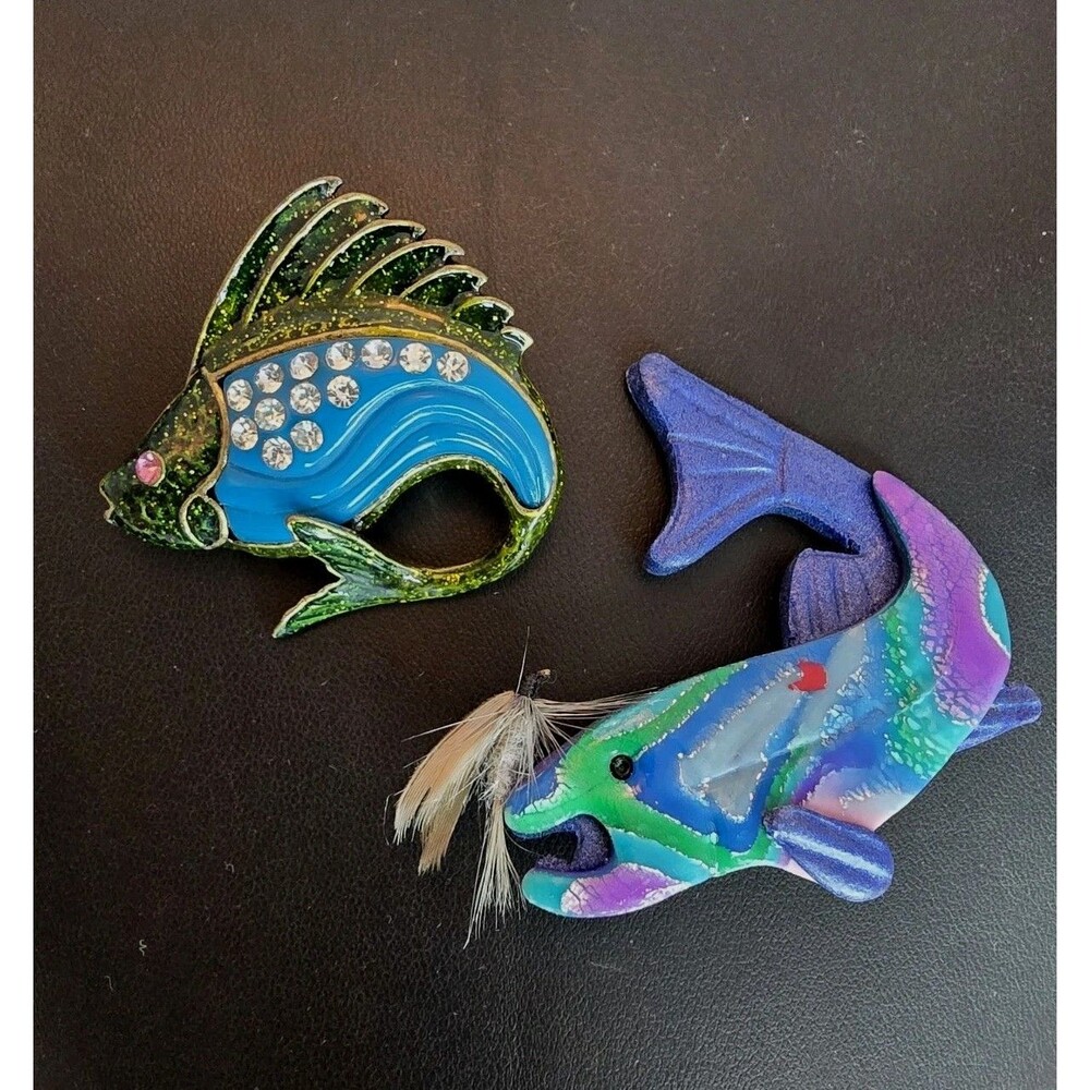 Vintage Fish Brooch Lot Colorful Blue Enamel Rhinestone Ocean Pins 1 Signed #815